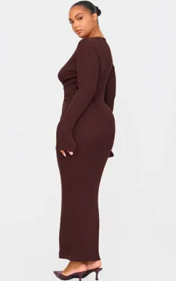 Plus Chocolate Ribbed Keyhole Knitted Midaxi Dress-PrettyLittleThing
