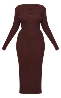 Plus Chocolate Ribbed Keyhole Knitted Midaxi Dress-PrettyLittleThing