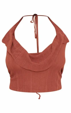 Outlet PrettyLittleThing Plus Sheer Ribbed Knit Cowl Neck Halterneck Top Chocolate