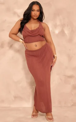 New PrettyLittleThing Plus Sheer Ribbed Knit Ruched Side Maxi Skirt Chocolate