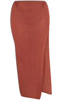 New PrettyLittleThing Plus Sheer Ribbed Knit Ruched Side Maxi Skirt Chocolate