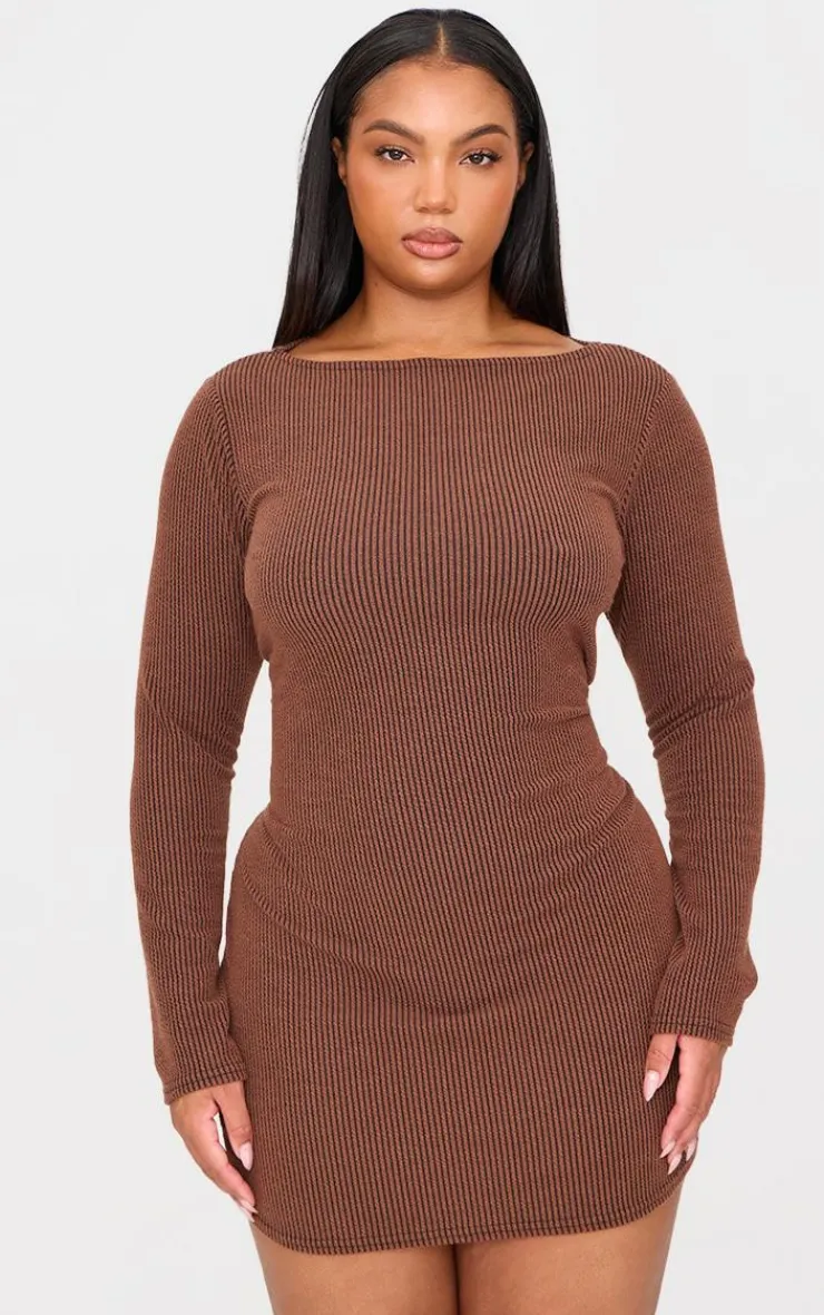 Plus Chocolate Slash Neck Long Sleeve Ribbed Mini Dress-PrettyLittleThing Discount