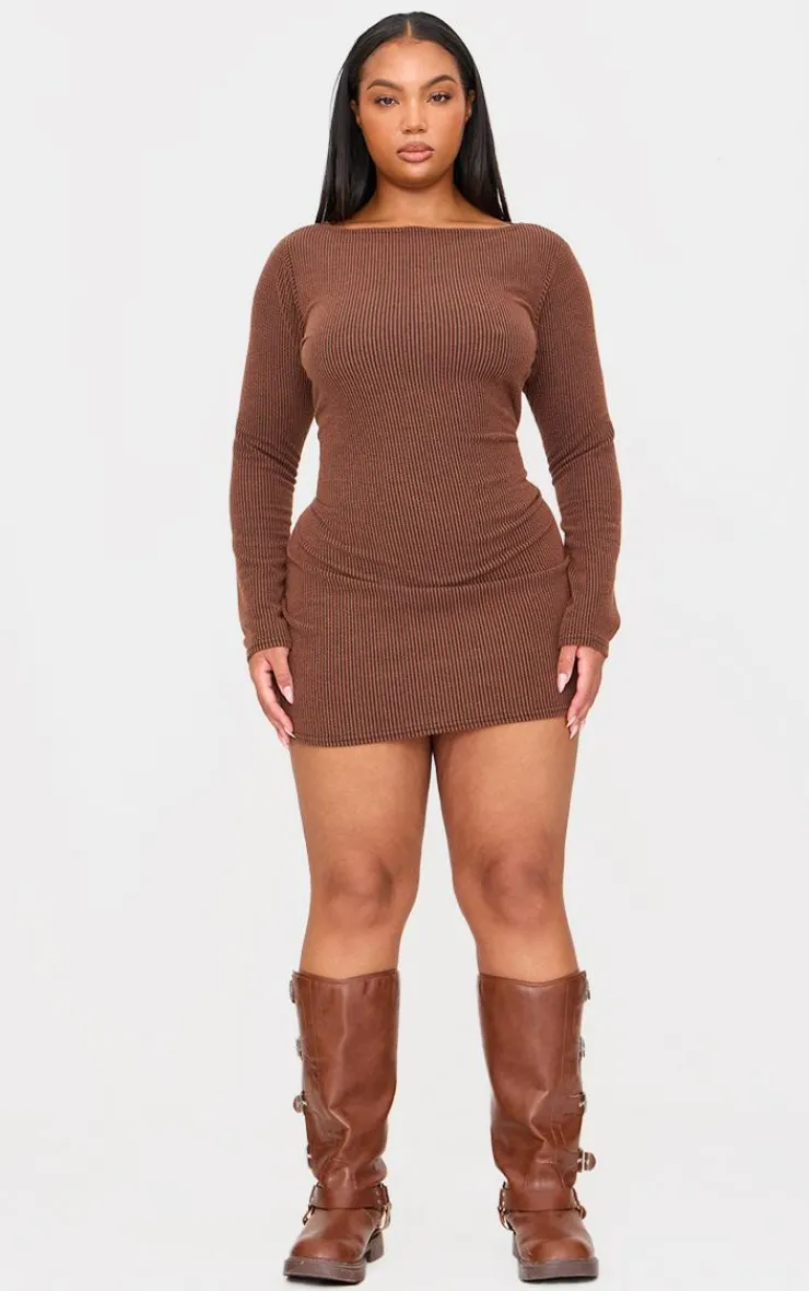 Plus Chocolate Slash Neck Long Sleeve Ribbed Mini Dress-PrettyLittleThing Discount