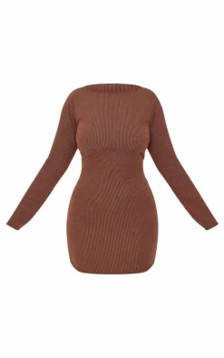 Plus Chocolate Slash Neck Long Sleeve Ribbed Mini Dress-PrettyLittleThing Discount