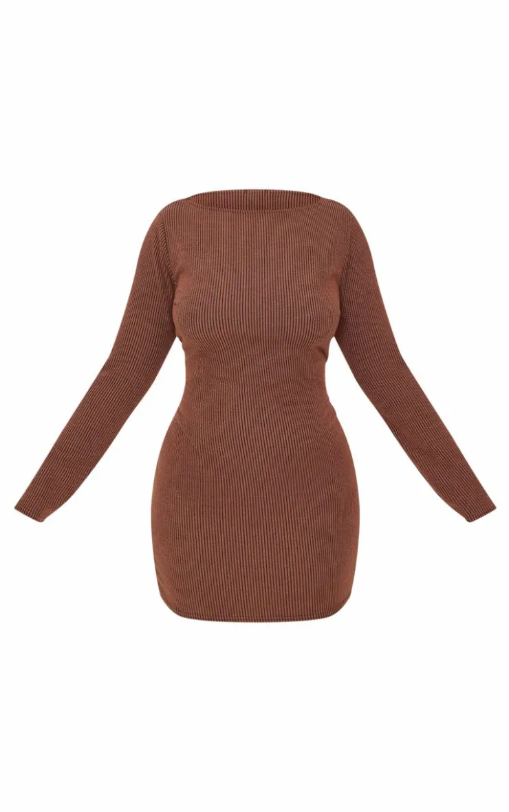 Plus Chocolate Slash Neck Long Sleeve Ribbed Mini Dress-PrettyLittleThing Discount