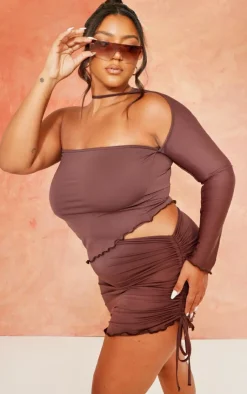 PrettyLittleThing Plus Slinky Asymmetric Hem Mini Skirt Chocolate