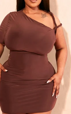 Plus Chocolate Slinky Twist Shoulder Bodycon Dress-PrettyLittleThing Hot