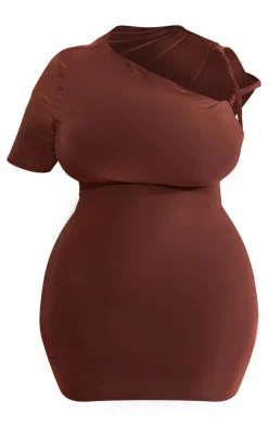 Plus Chocolate Slinky Twist Shoulder Bodycon Dress-PrettyLittleThing Hot