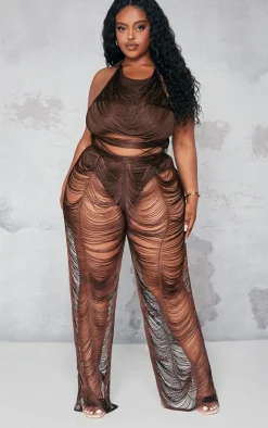 New PrettyLittleThing Plus Tassel Distressed Pants Chocolate