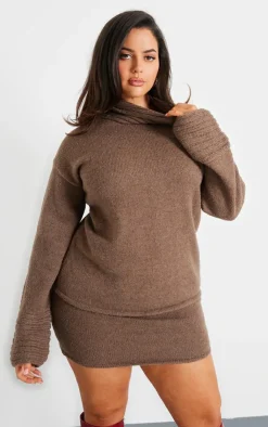 Discount PrettyLittleThing Plus Textured Knit Roll Neck Oversized Sweater Chocolate