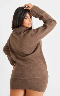 Discount PrettyLittleThing Plus Textured Knit Roll Neck Oversized Sweater Chocolate
