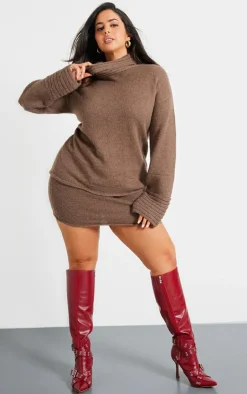 Discount PrettyLittleThing Plus Textured Knit Roll Neck Oversized Sweater Chocolate