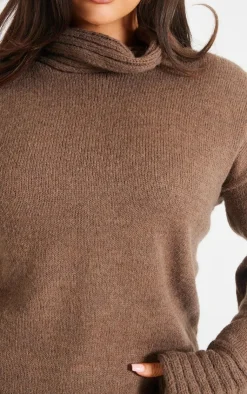 Discount PrettyLittleThing Plus Textured Knit Roll Neck Oversized Sweater Chocolate