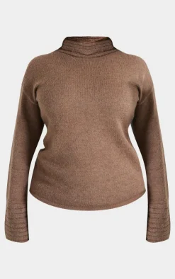 Discount PrettyLittleThing Plus Textured Knit Roll Neck Oversized Sweater Chocolate