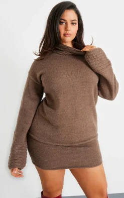 Clearance PrettyLittleThing Plus Textured Knit Mini Skirt Chocolate