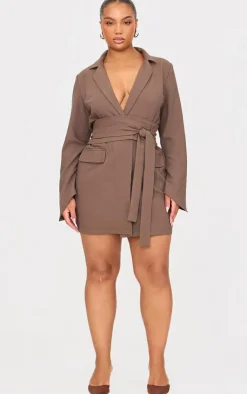 Plus Woven Belted Blazer Dress-PrettyLittleThing Online