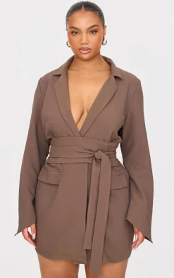 Plus Woven Belted Blazer Dress-PrettyLittleThing Online