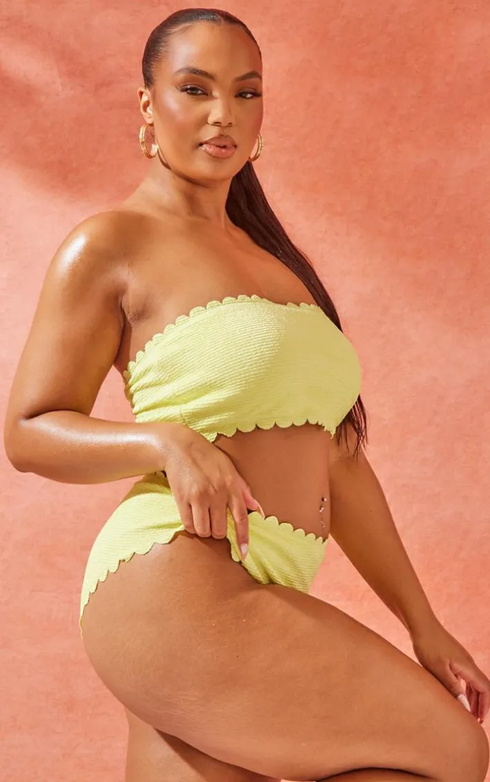 Plus Citrus Yellow Crinkle Scallop Edge High Leg Bikini Bottoms