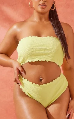 Plus Citrus Yellow Crinkle Scallop Edge High Leg Bikini Bottoms