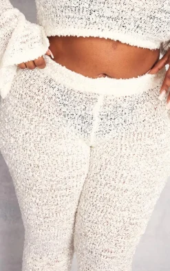 PrettyLittleThing Plus Bobble Glitter Knit Flared Pants Cream