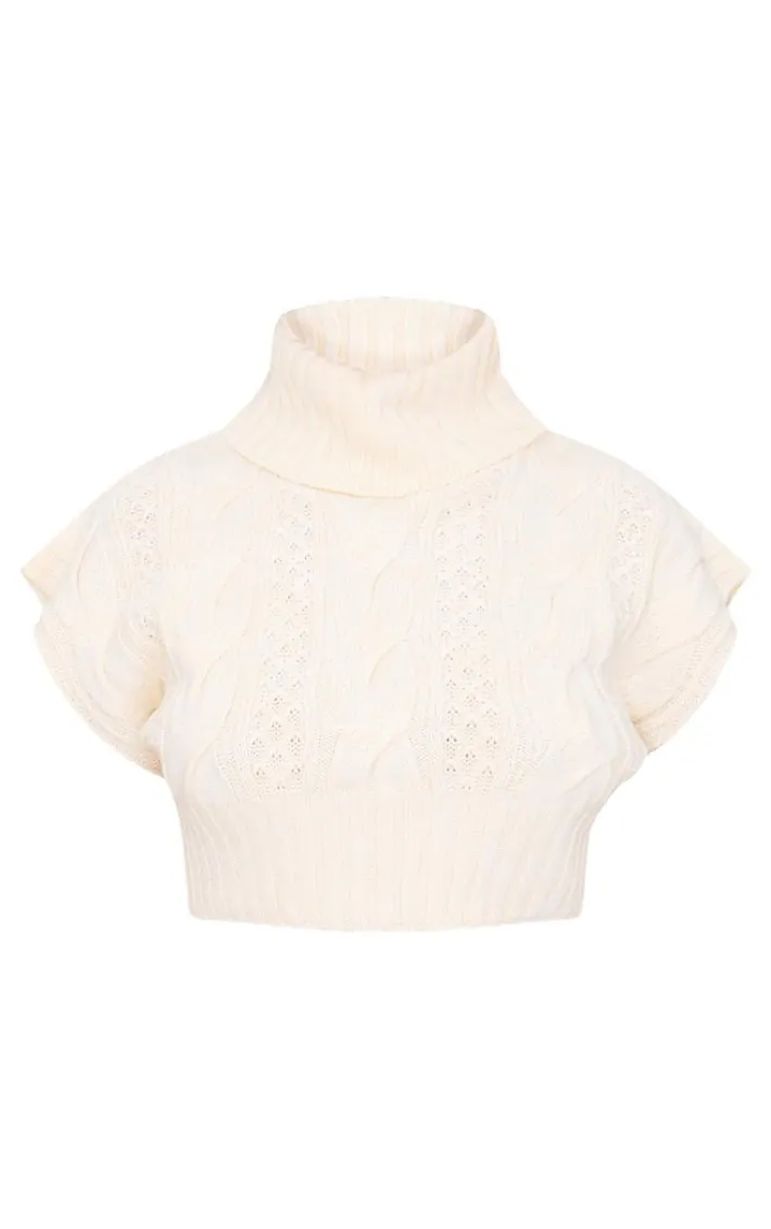 Plus Cream Cable Knit Cap Sleeve Roll Neck Cropped Vest