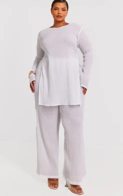 Clearance PrettyLittleThing Plus Cheesecloth Textured Wide Leg Pants Cream