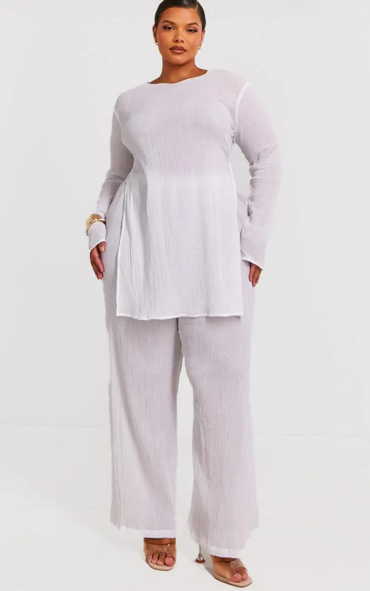 Clearance PrettyLittleThing Plus Cheesecloth Textured Wide Leg Pants Cream