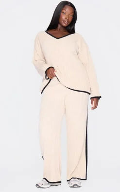 PrettyLittleThing Knitted Two Piece Sets*Plus Contrast Stitch Wide Leg Pants