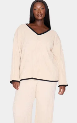 PrettyLittleThing Knitted Two Piece Sets*Plus Contrast Stitch V Neck Sweater