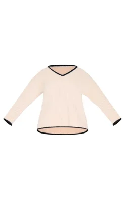 PrettyLittleThing Knitted Two Piece Sets*Plus Contrast Stitch V Neck Sweater
