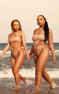 Plus Cream Contrast Textured Rib Asymmetric Cut Out Swimsuit