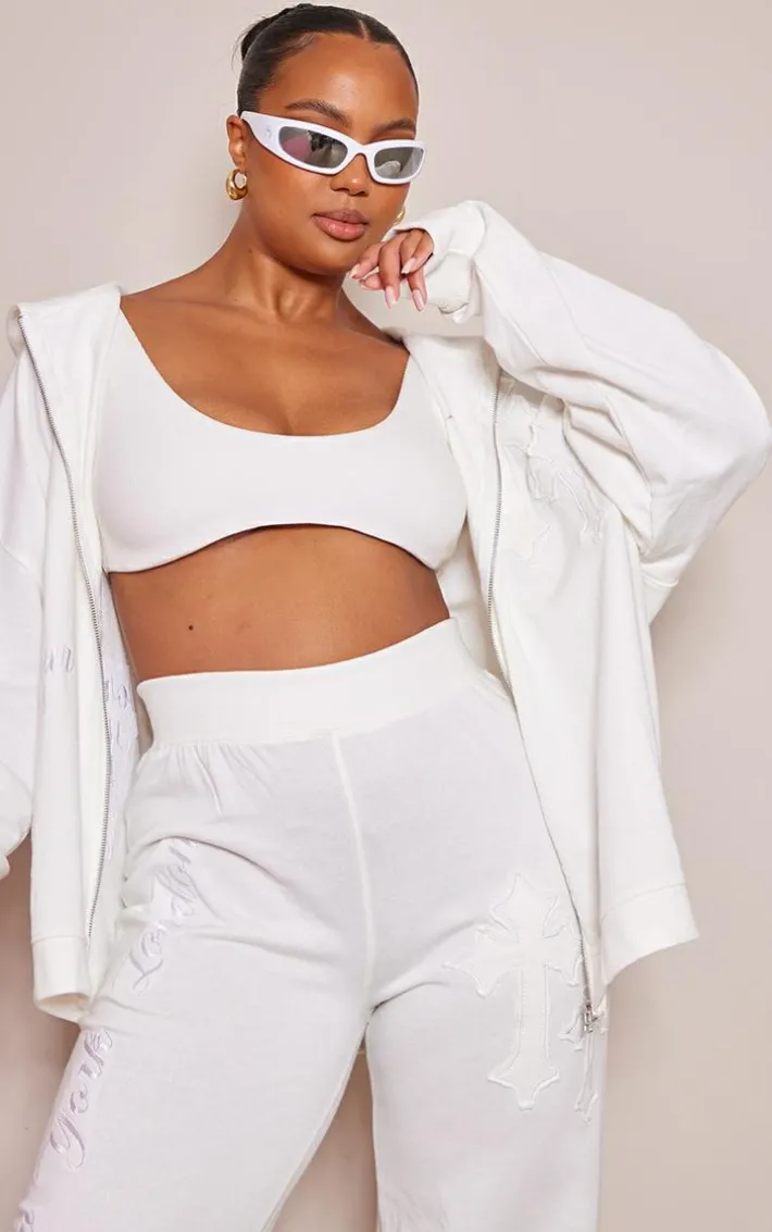 Plus Cream Cross Applique Detail Oversized Wide Leg Sweatpants