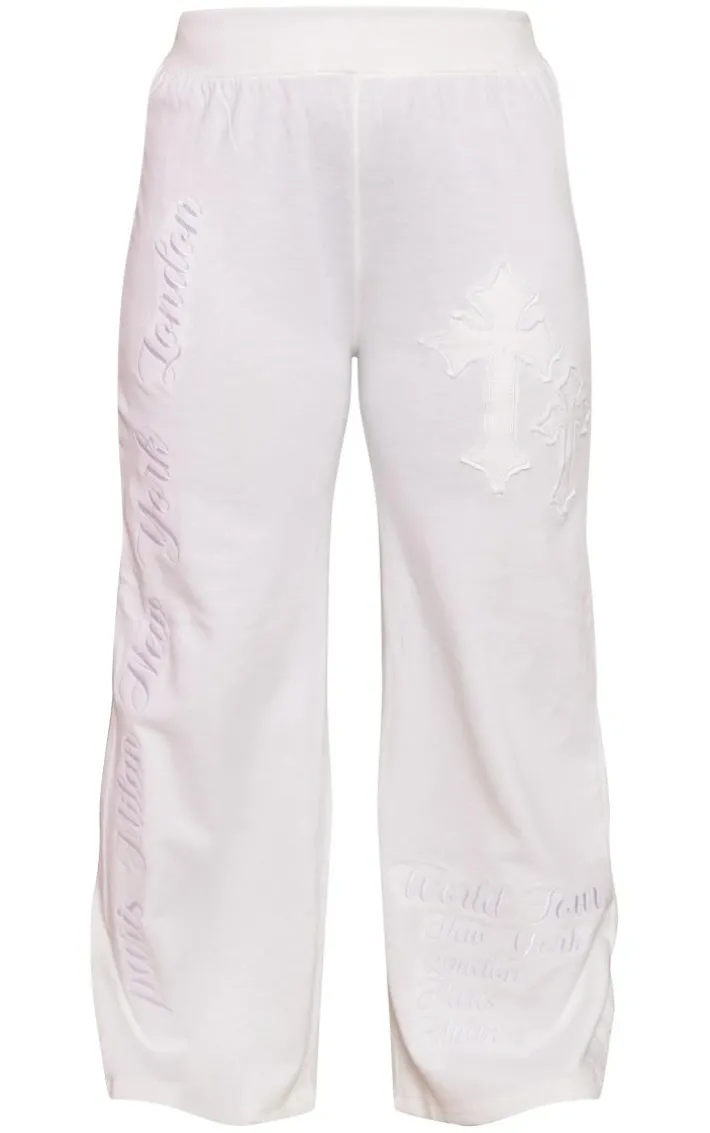 Plus Cream Cross Applique Detail Oversized Wide Leg Sweatpants
