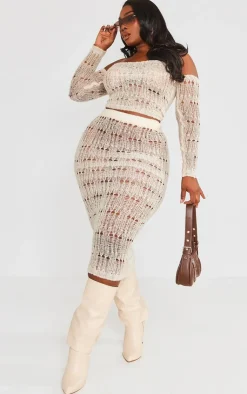 Discount PrettyLittleThing Plus Distress Knitted Midi Skirt Cream