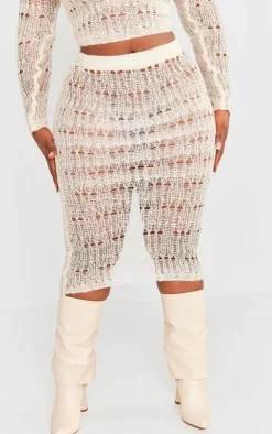 Discount PrettyLittleThing Plus Distress Knitted Midi Skirt Cream