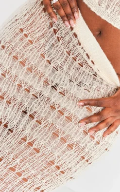Discount PrettyLittleThing Plus Distress Knitted Midi Skirt Cream