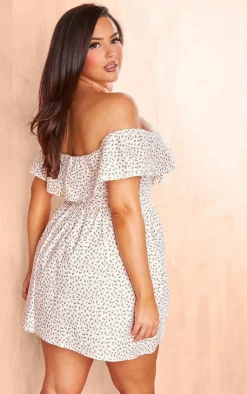 Plus Ditsy Floral Bardot Fitted Skater Dress-PrettyLittleThing Online