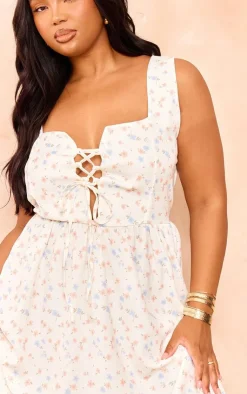 Plus Ditsy Floral Lace Up Front Corset Skater Dress-PrettyLittleThing Outlet