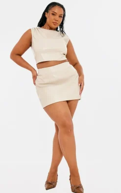 Hot PrettyLittleThing Plus Faux Leather Micro Mini Skirt Cream