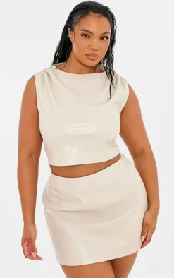 Hot PrettyLittleThing Plus Faux Leather Micro Mini Skirt Cream