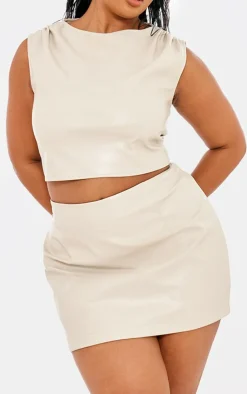 Hot PrettyLittleThing Plus Faux Leather Micro Mini Skirt Cream