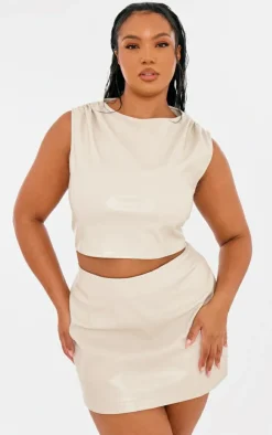 PrettyLittleThing Plus Faux Leather Ruched Shoulder Detail Crop Top Cream