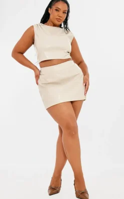 PrettyLittleThing Plus Faux Leather Ruched Shoulder Detail Crop Top Cream