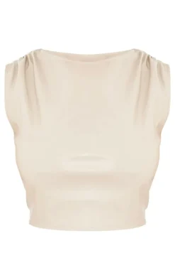 PrettyLittleThing Plus Faux Leather Ruched Shoulder Detail Crop Top Cream