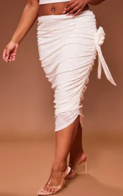 Online PrettyLittleThing Plus Floral Devore Ruched Maxi Skirt Cream