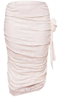 Online PrettyLittleThing Plus Floral Devore Ruched Maxi Skirt Cream