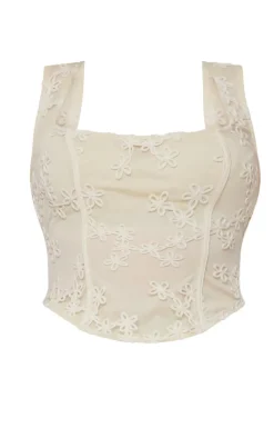 Discount PrettyLittleThing Plus Floral Textured Corset Top Cream