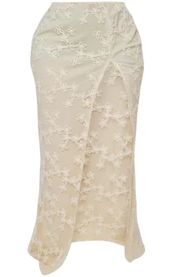 Outlet PrettyLittleThing Plus Floral Textured Thigh High Split Maxi Skirt Cream