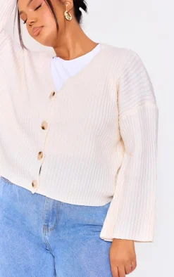 Online PrettyLittleThing Plus Knit Rib Button Cardigan Cream
