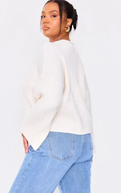 Online PrettyLittleThing Plus Knit Rib Button Cardigan Cream